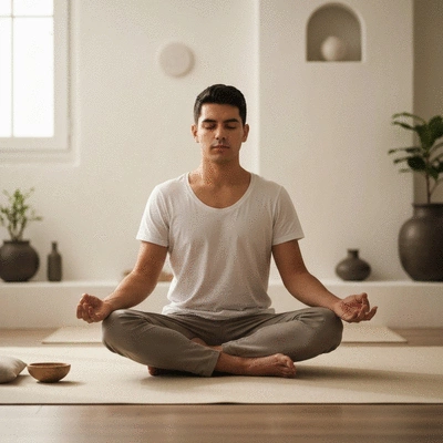 Person deeply meditating in a peaceful, spiritual setting, no text, no words, no typography, clean image