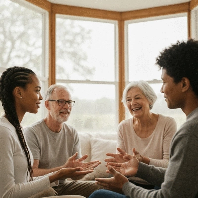 Group of people sharing experiences and supporting each other during a retreat