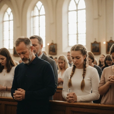 Wiele osób modlących się wspólnie w kościele, z rękami złożonymi w modlitwie, w ciepłym, duchowym świetle, no text, no words, no typography, clean image
