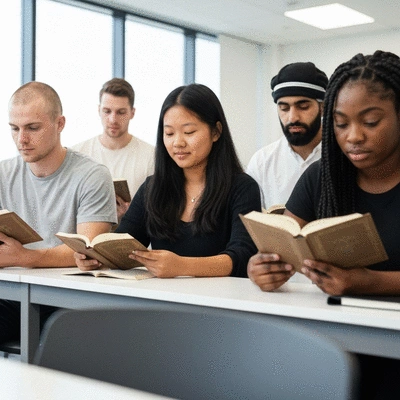 A group of diverse young adults studying religious texts together