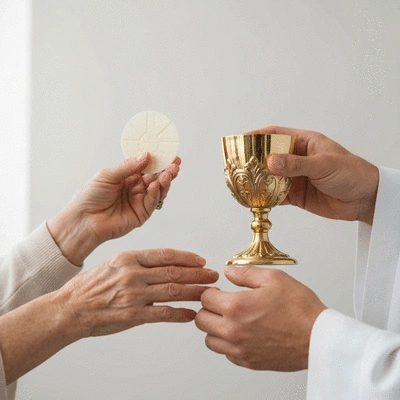 Ręce trzymające hostię i kielich podczas Eucharystii