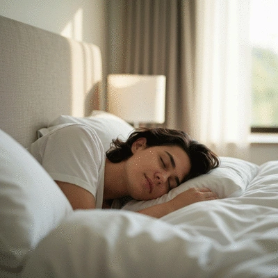 Person sleeping peacefully in bed, soft lighting