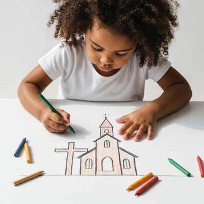 Child drawing a picture of a church and cross with crayons, symbolizing understanding of faith