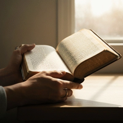 Ręce trzymające otwartą Biblię, z promieniami światła padającymi na strony, symbolizujące inspirację i zrozumienie.