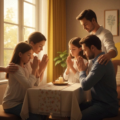 Family praying together in the morning