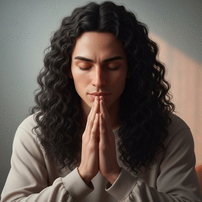 Person praying with hands clasped, symbolizing spiritual support and peace