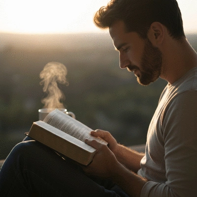 Person reading the Bible in the morning, with a cup of coffee nearby, soft light, no text, no words, no typography, clean image