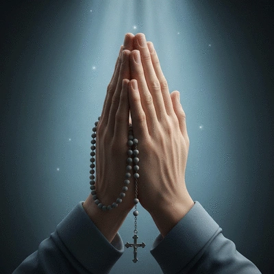 Ręce złożone do modlitwy, z różańcem i delikatnym światłem, symbolizujące refleksję i duchowe wsparcie