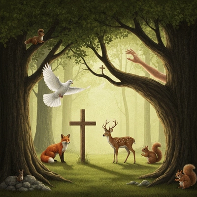 Symboliczne przedstawienie franciszkańskiej duchowości z symbolami natury i prostoty