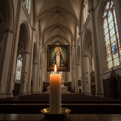 Świeca paląca się przed obrazem Matki Bożej Częstochowskiej w kościele, symbolizująca modlitwę i nadzieję
