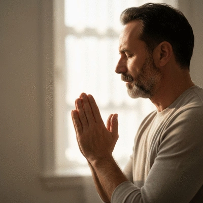 Person praying with hands clasped in a serene setting, light filtering through