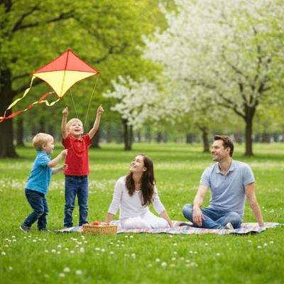 Rodzina na pikniku w parku, dzieci bawiące się latawcem, słoneczny dzień