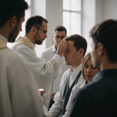 Priest anointing a sick person's forehead with oil, surrounded by a supportive family. No text, no words, no typography, clean image