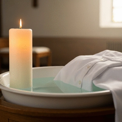 Woda chrzcielna, świeca, i biała szata symbolizujące czystość i nowe życie.