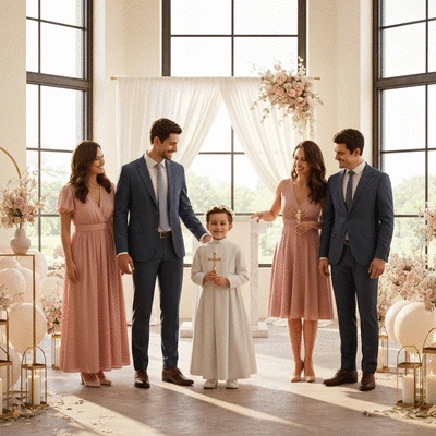 Happy family celebrating First Communion together, warm and joyful atmosphere