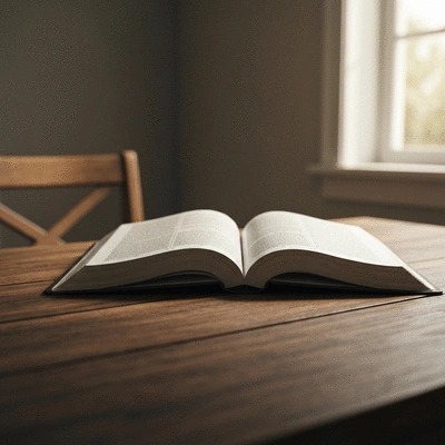 Otwarta Biblia na drewnianym stole w pomieszczeniu z miękkim światłem, symbolizująca duchową refleksję.