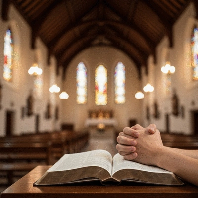Ręce złożone do modlitwy nad otwartą Biblią na tle rozmytego kościoła, symbolizujące intencje mszalne.