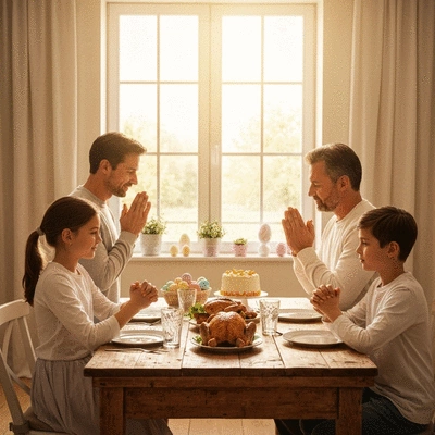 Rodzina modląca się razem przy stole podczas Wielkanocy