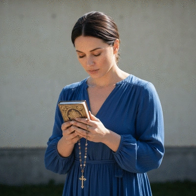 Kobieta w skupieniu modląca się, trzymająca w dłoniach różaniec lub małą książeczkę modlitewną, symbolizująca spokojną codzienną praktykę duchową.