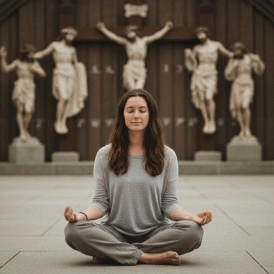Person meditating on the Stations of the Cross, serene and peaceful atmosphere, no text, no words, no typography, clean image