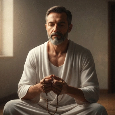 Person meditating on a rosary, soft light, spiritual atmosphere
