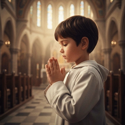 Child praying in a church, focused and reverent, soft lighting