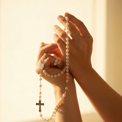Ręce trzymające różaniec, symbolizujące modlitwę i duchowość