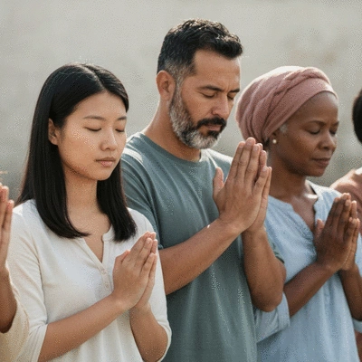 Group of diverse people praying together, hands joined, peaceful setting