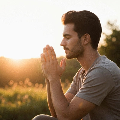 Person praying peacefully at sunrise