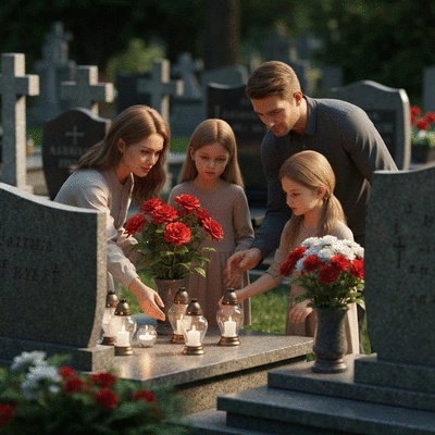 Rodzina odwiedzająca cmentarz w Dzień Wszystkich Świętych
