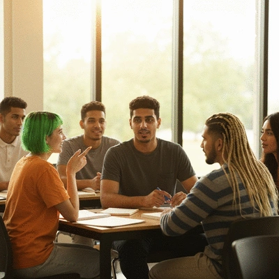 Grupa młodych ludzi uczestniczących w katechezie, symbolizująca przygotowanie do bierzmowania i wspólnotę