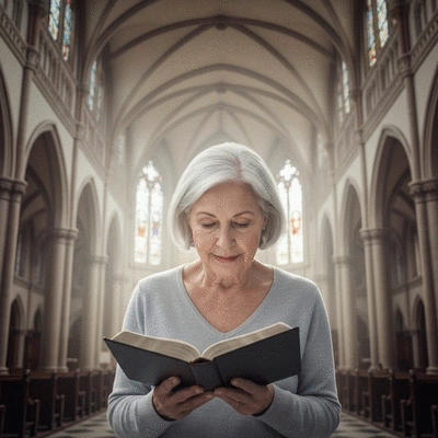 Osoba czytająca Pismo Święte w kościele, delikatne, eteryczne światło, symbolizujące refleksję i duchowe skupienie, no text, no words, no typography, no labels, clean image