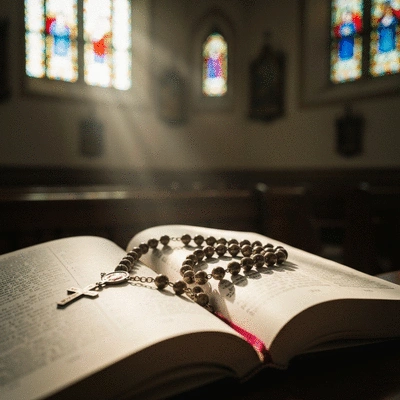 Różaniec leżący na otwartej księdze modlitewnej w kościele, symbolizujący medytację i przygotowanie do Mszy Świętej, czysta, naturalne światło