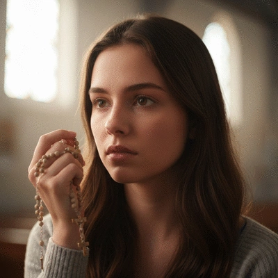 Person deeply reflecting with a rosary in hand, thoughtful expression, soft church lighting