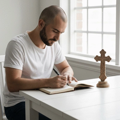 Person writing in a journal, with a cross or religious symbol nearby, calm and reflective atmosphere