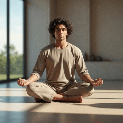 Person meditating in a serene, spiritual setting, no text, no words, no typography