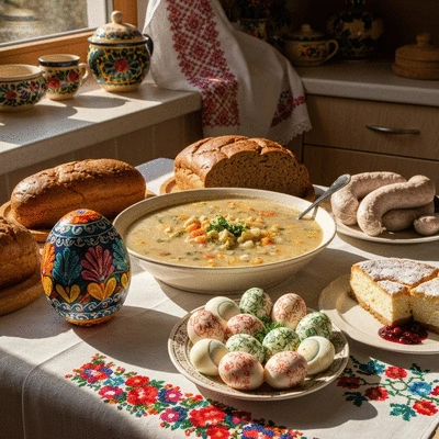 Wielkanocne potrawy na stole, takie jak żurek, jajka i sernik