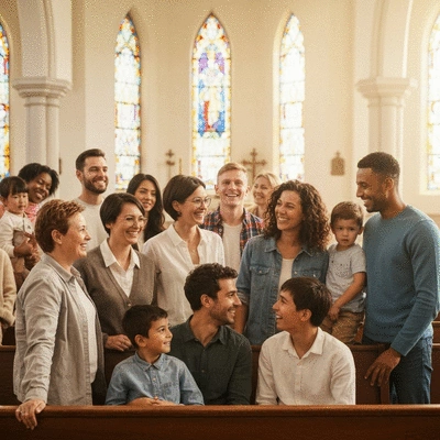 Diverse group of people in a church community meeting, smiling