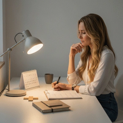 Person thoughtfully planning their day with a calendar and a cross, symbolizing spiritual planning