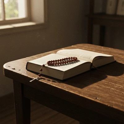 Książeczka do nabożeństwa i różaniec, symbolizujące praktykę modlitewną