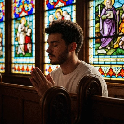 Person praying in a church pew, light filtering through stained glass, solemn atmosphere
