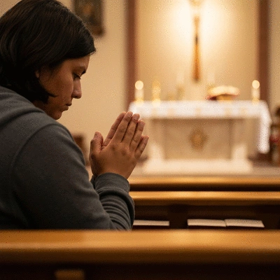 Person praying during a Catholic Mass, soft focus on hands joined in prayer, altar in the background, warm lighting, no text, no words, no typography, clean image
