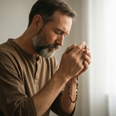 Person praying with rosary beads, soft light, no text, no words, no typography, clean image