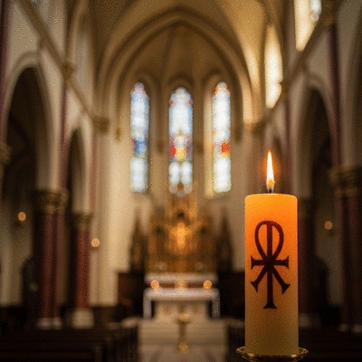 Świeca paschalna z symbolem Chrystusa na tle kościoła