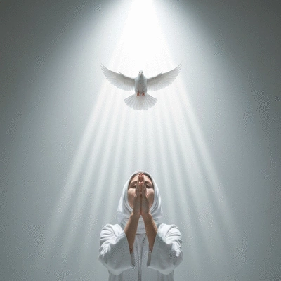 Symbol Ducha Świętego (gołębica) nad osobą modlącą się, eteryczne światło, no text, no words, no typography, clean image