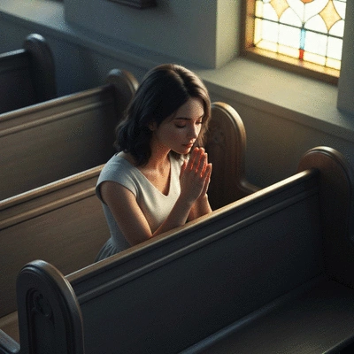 Young person reflecting and praying in a church pew