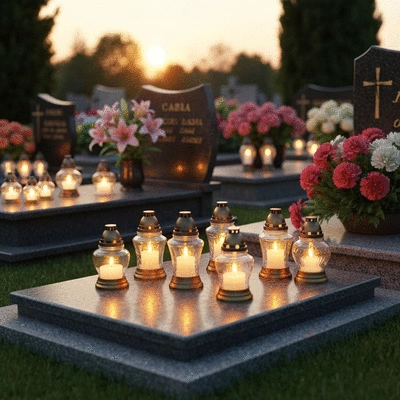Świece i kwiaty na grobach podczas Zaduszek, symbolizujące pamięć o zmarłych.