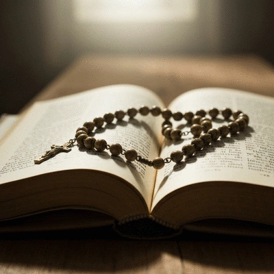 Różaniec leżący na otwartej księdze modlitewnej w kościele, delikatne światło, no text, no words, no typography, clean image