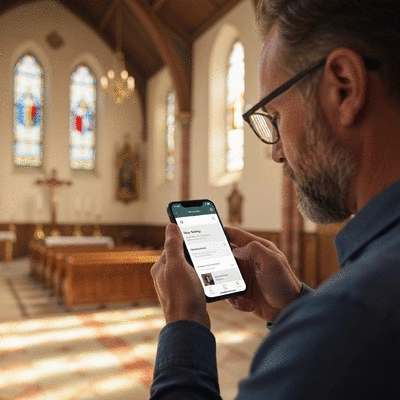 Osoba korzystająca z aplikacji mobilnej z czytaniami mszalnymi na smartfonie, w tle rozmazany kościół, czysta, naturalne światło