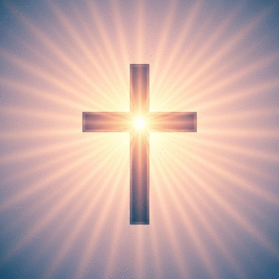 A cross with light rays shining through, symbolizing spiritual healing and peace